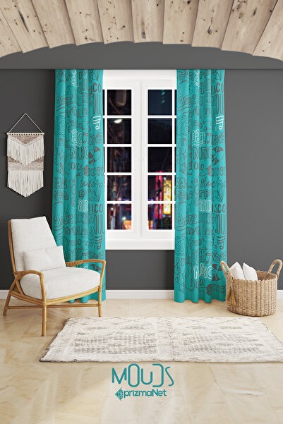 Moud's Blue Music Patterned Background Curtain Youth Room Living Room Suede P...