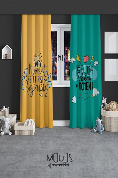 Moud's Enjoy Patterned Background Curtain Youth Room Living Room Suede Printed Extrafor Drawstring 2 Sash PRD-2027