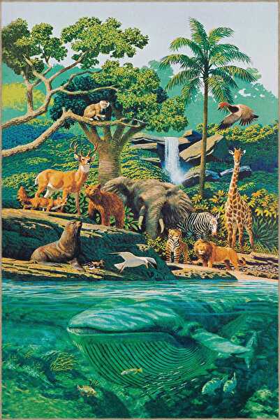 Rugs Modern Halı Goblen Tasarım Vahşi Orman Temalı Şelale Geyik ve Fil Desenl...