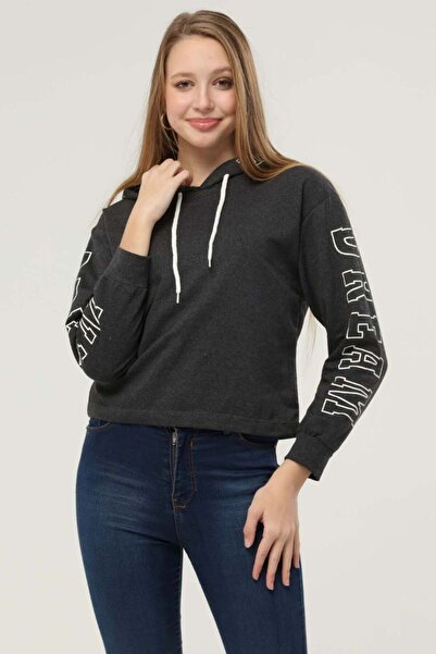 ZEYWEAR Kadın Koları Baskılı Kapüşonlu Sweatshirt Antrasit