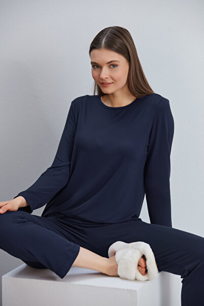 ÇAĞ MODA Viskon Örme Bisiklet Yaka Uzun Kol Pijama Takımı Lacivert