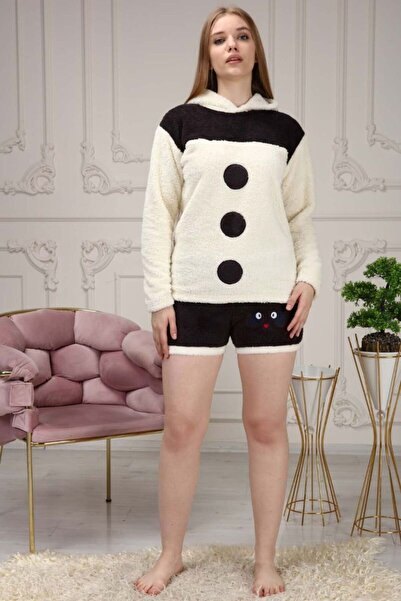 ZEYWEAR طقم بيجامة نسائي من الصوف الناعم المطرز باللون الأبيض