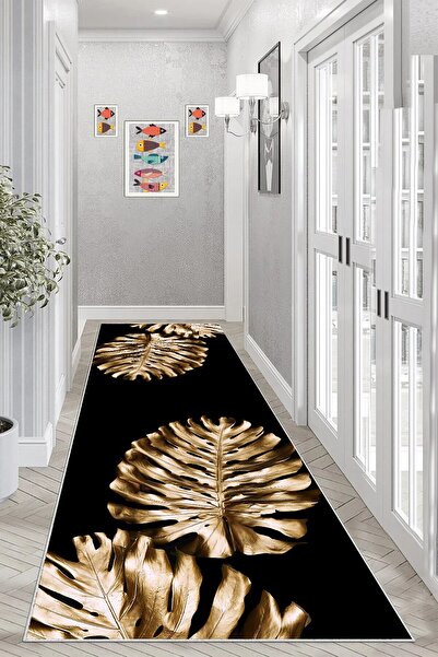 on the clouds Gold Yaprak Desenli Dijital Baskı Yıkanabilir Kaymaz Taban Salo...