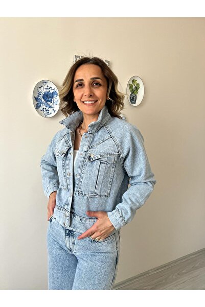 MOONSTONE FASHİON Çıtçıtlı Ön Cepli Kıs Kot Ceket Buz Mavi