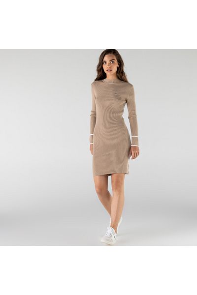 Lacoste Women's Slim Fit Printed Long Sleeve Stand Collar Light Brown Dress