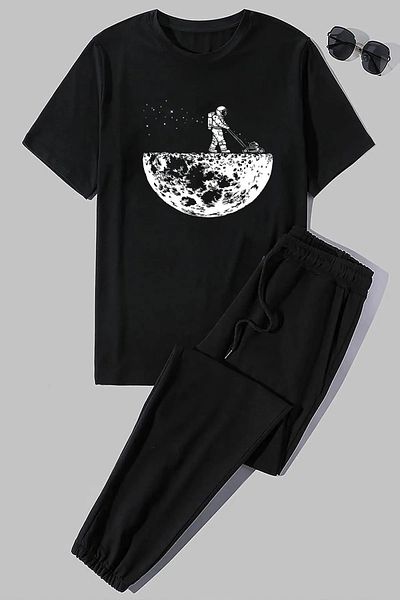 DAXİS Sportwear Company Жіночий спортивний костюм з принтом 2 шт. з шиєю футболки екіпажу бігуна спортивний костюм дно