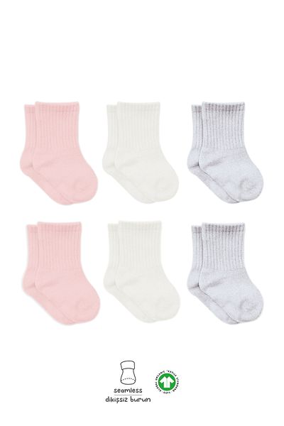 Biorganic Bistyle Basic 6-Piece Jersey Flat Socket Socks BS6002 Pink Ecru