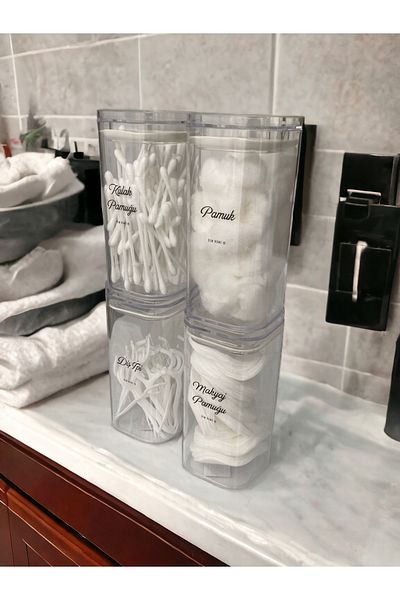 Dem Home Organizator de 4 bucăți de mica transparentă - Bumbac urechi - Demachiant - Borcan pentru ață dentară 300 ml