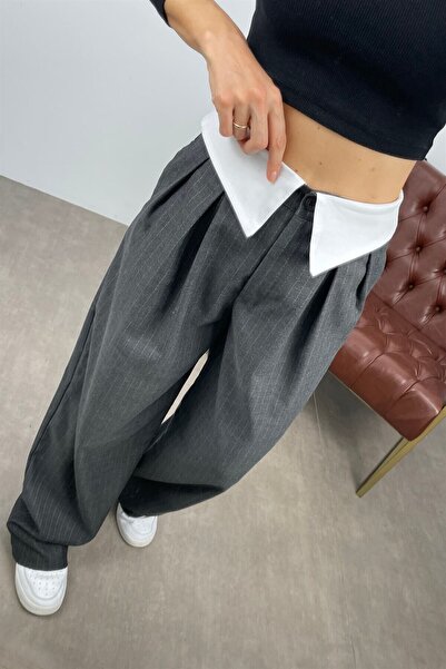 Sue Store Dark Gray Striped Palazzo Fabric Trousers with Reverse Belt