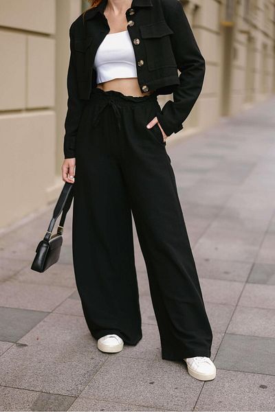 Sue Store Pantaloni negri cu textura din in cu talie elastică