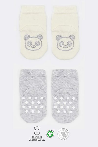 Biorganic Bistyle Organic 2-Piece Jersey Figured Non-Slip Socket Socks BS2001 Gray Ecru