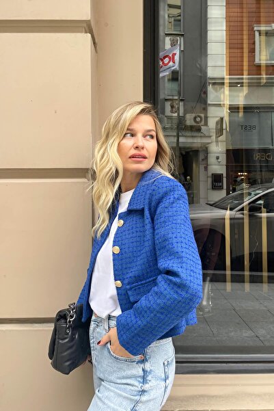 Sue Store Jachetă albastră din tweed, căptușită cu nasturi