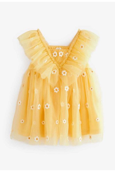 Next Baby Yellow Daisy Embroidered Ruffle Collar Baby Dress
