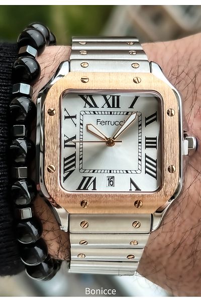Ferrucci Steel Cord, Square Case, with Calendar, Rose Color Men's Wristwatch + Bracelet