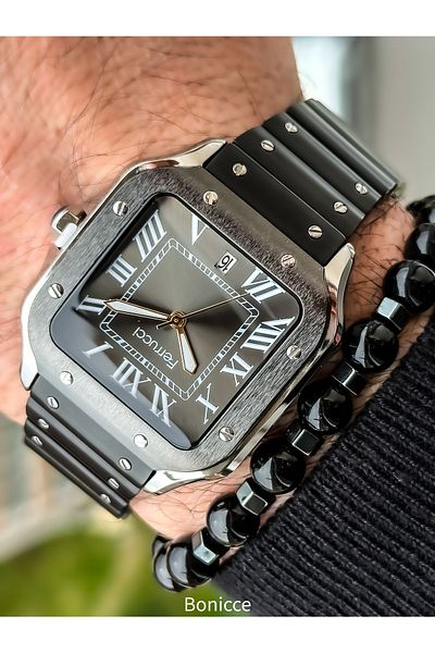 Ferrucci Steel Cord, Square Case, with Calendar, Black Color Men's Wrist Watch+Bracelet