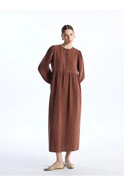 LC Waikiki Γυναικείο φόρεμα μουσελίνας LCW Modest Crew λαιμόκοψη μονόχρωμο μακρυμάνικο