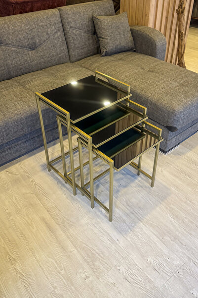 ASA KONSEPT 3'lü Râna Sehpa Gold, Füme Aynalı Çok Amaçlı Zigon Sehpa, Yan Seh...