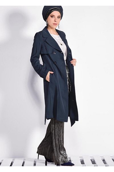 TRENDTESETTÜR Γυναικεία καμπαρντίνα με μπλε μπλέ (INDIGO) μαργαριτάρι με λεπτομέρεια με ζώνη 1207