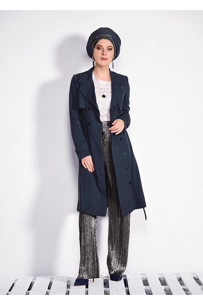 TRENDTESETTÜR Γυναικεία καμπαρντίνα με μπλε μπλέ (INDIGO) μαργαριτάρι με λεπτομέρεια με ζώνη 1207