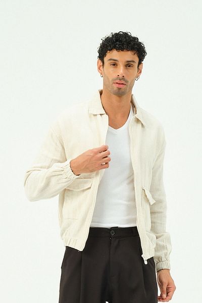 RELAXL Ανδρική γυναικεία ζακέτα από 100% ακατέργαστο λινό ανοιξιάτικο πουκάμισο με γιακά μπεζ με φερμουάρ