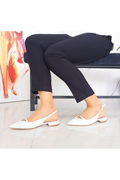 GDT Ayakkabı White Color Patent Leather Ankle Strap Stoned Women's Ballerina Shoes