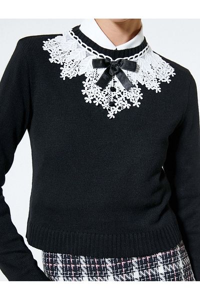 Koton Lace Collar Knitwear Sweater Vintage Look with Ribbon Detail 4wak90337ht Black