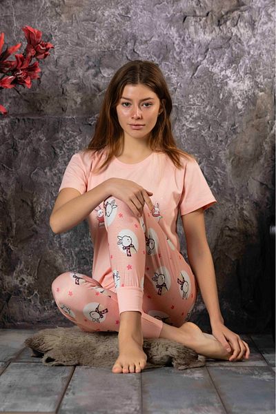 MEBA Women's Pink Rabbit Pattern Short Sleeve Combed Cotton Pajamas Set K803-762