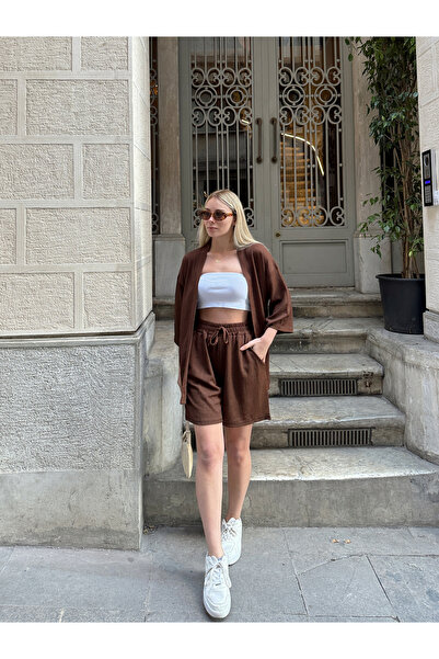 AFROGİYİM Női mintás, alacsony vállú kimonó szett rövidnadrággal