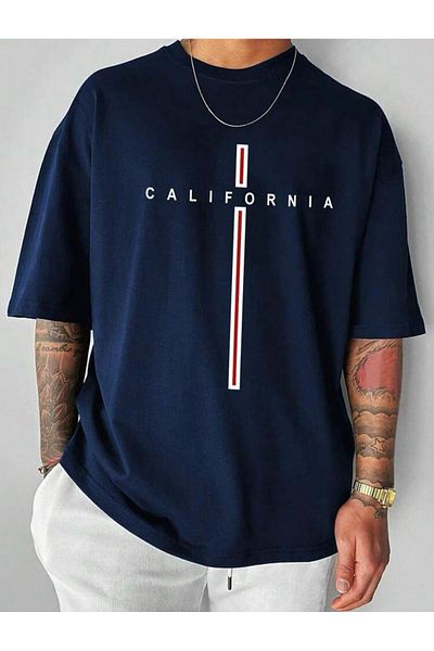 Buğraterzimoda Καλιφόρνια στάμπα με λαιμόκοψη Navy Blue Oversize T-shirt