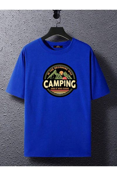 Buğraterzimoda Camping Printed Crew Neck Saks Blue Oversize T-Shirt