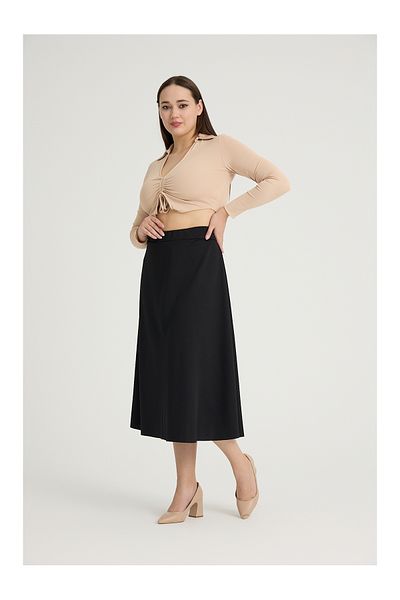 Gül Moda Women's Large Size Midi Flared Skirt Plain Black g112-4