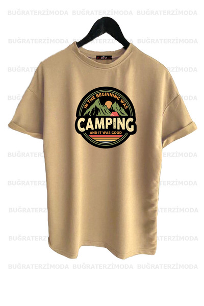 Buğraterzimoda Кемпінг з принтом на комірі велосипеда, бежевий колір, оверсайз футболка