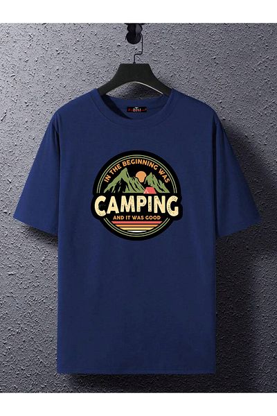 Buğraterzimoda Camping Printed Crew Neck Navy Blue Oversize T-Shirt