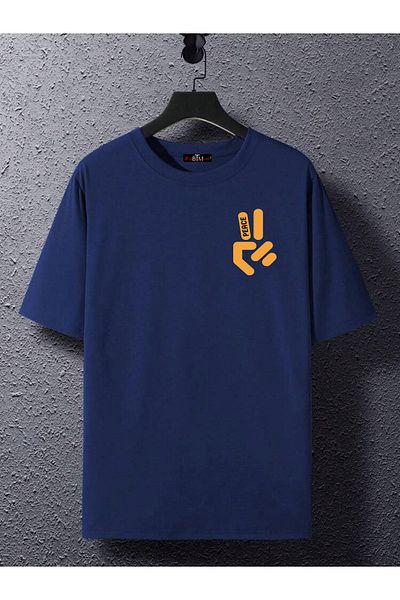 Buğraterzimoda Peace Printed Crew Neck Navy Blue Oversize T-Shirt