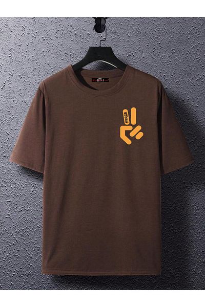 Buğraterzimoda Peace Printed Bicycle Collar Brown Oversize T-Shirt
