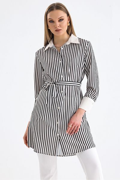 MD trend Rochie cămașă lungă în dungi, cu centură, pentru femei