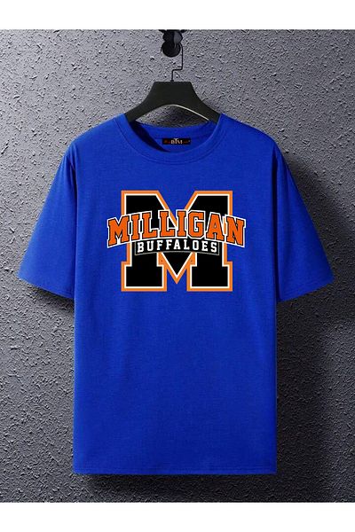 Buğraterzimoda Buffaloes Printed Crew Neck Saks Blue Oversize T-Shirt