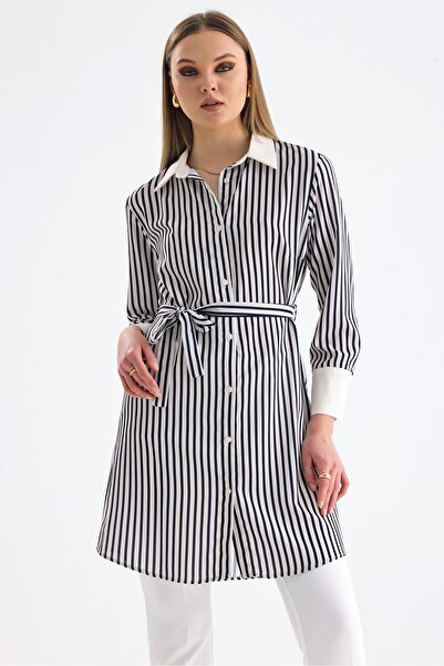 MD trend فستان قميص طويل مخطط بحزام للنساء