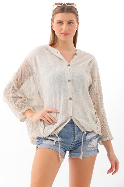 Chiccy Μπεζ μπουφάν με κουκούλα με διπλή τσέπη, πλενόμενο από βαμβακερό ύφασμα, φαρδιά κοπή