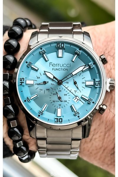 Ferrucci Active Functions, Steel Cord, with Calendar, Smoke Color, Blue Dial Men's Wristwatch Bracelet