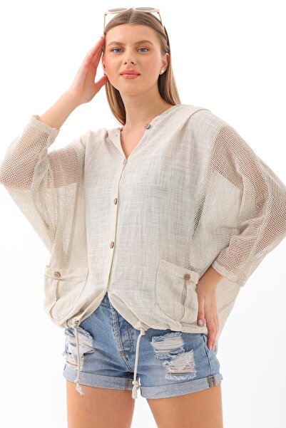 Chiccy Μπεζ μπουφάν με κουκούλα με διπλή τσέπη, πλενόμενο από βαμβακερό ύφασμα, φαρδιά κοπή