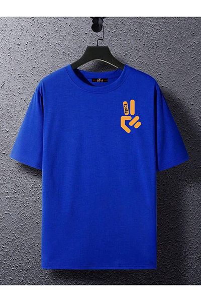 Buğraterzimoda Peace Printed Crew Neck Saks Blue Oversize T-Shirt