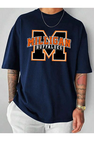 Buğraterzimoda Buffaloes Printed Crew Neck Navy Blue Oversize T-Shirt