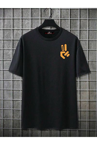 Buğraterzimoda Peace Printed Crew Neck Black Oversize T-Shirt