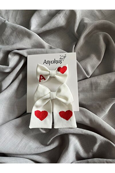 asyakuş Ecru Heart and Letter Embroidered Bow Mother Girl Buckle Set