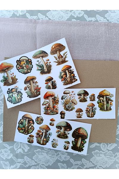 Pink Swan Craft Autocolant cu ciuperci de epocă (MUSHROOMS 25PCS) pentru laptop, Ipad, notebook, set de autocolante pentru planificator de albume