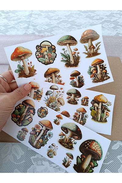 Pink Swan Craft Autocolant cu ciuperci de epocă (MUSHROOMS 25PCS) pentru laptop, Ipad, notebook, set de autocolante pentru planificator de albume