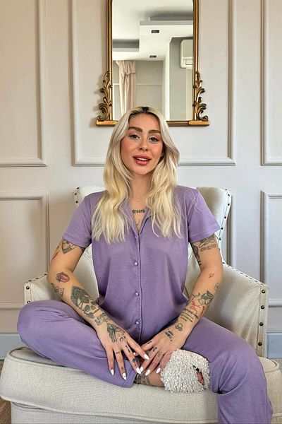 Pijamaevi Lilac Buttoned Front Short Sleeve Knitted Women's Pajamas