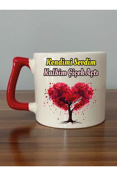lili hediyelik I Love Myself Heart Blossomed Written Red Handle Mug Cup