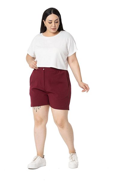 DISENTIS MODEST Pantaloni scurți Maroon Plus Size - Cu buzunare laterale și pe spate, cu talie elastică